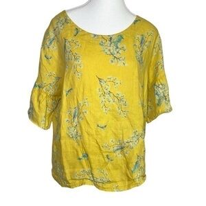 Bellambra Linen Ruffle Sleeve Floral/Bird Blouse
